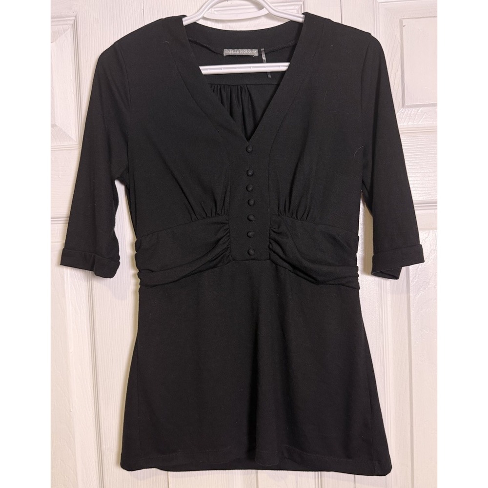 Isabella Rodriguez Womens M Black Ruched V Neck 3/4 Sleeve Stretch Blouse Top